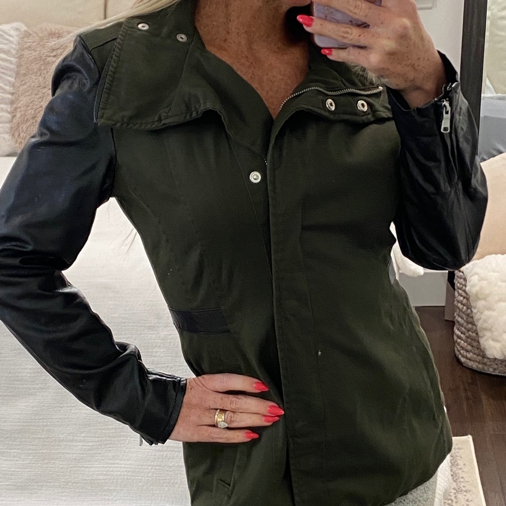 H&M Army green leather sleeve jacket